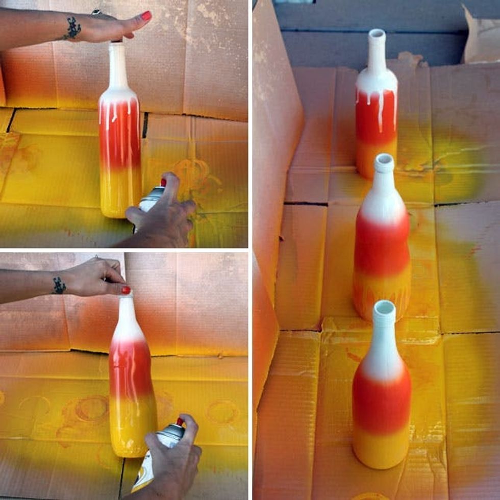 Adding the drip effect to candy corn ombre wine bottles.