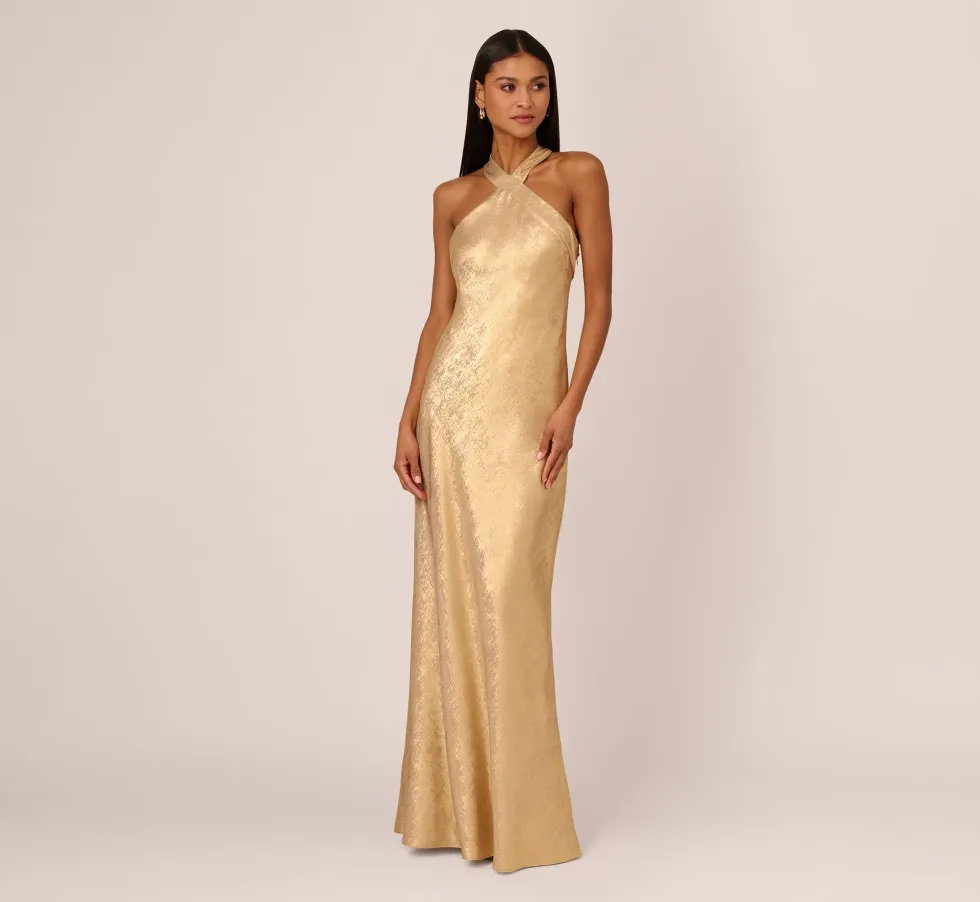 Adrianna Papell Foiled Mermaid Gown With Halter Neckline