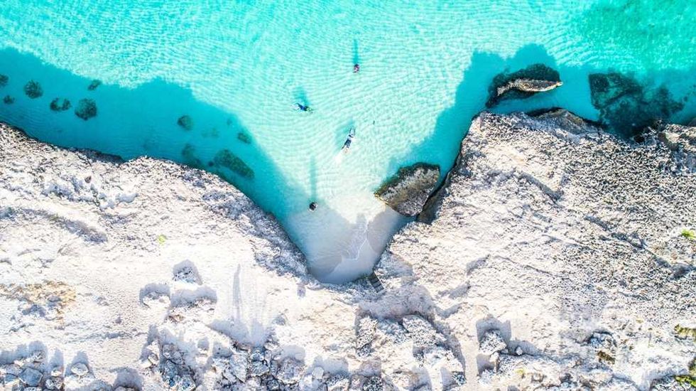 Aerial view of swimmers in turquoise water near a rocky, sandy shoreline.