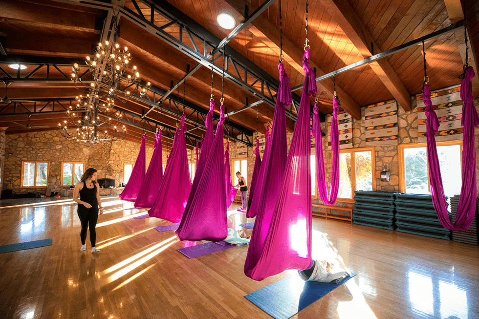 Aerial yoga studio with purple hammocks and chandelier lighting.
