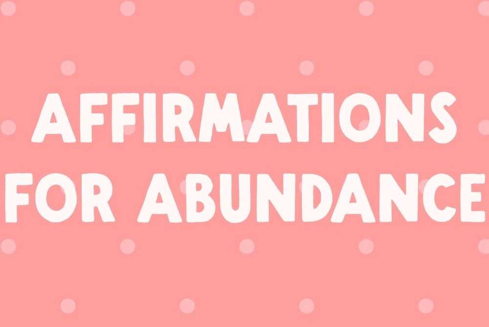 "Affirmations for Abundance" text on a pink dotted background.