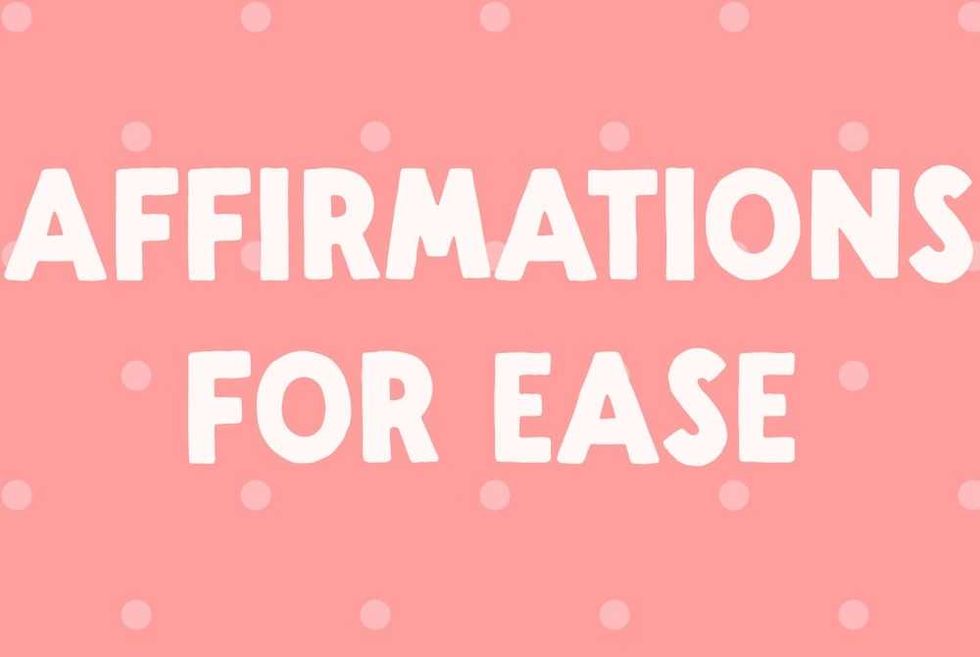 "Affirmations for Ease" text on pink background with polka dots.