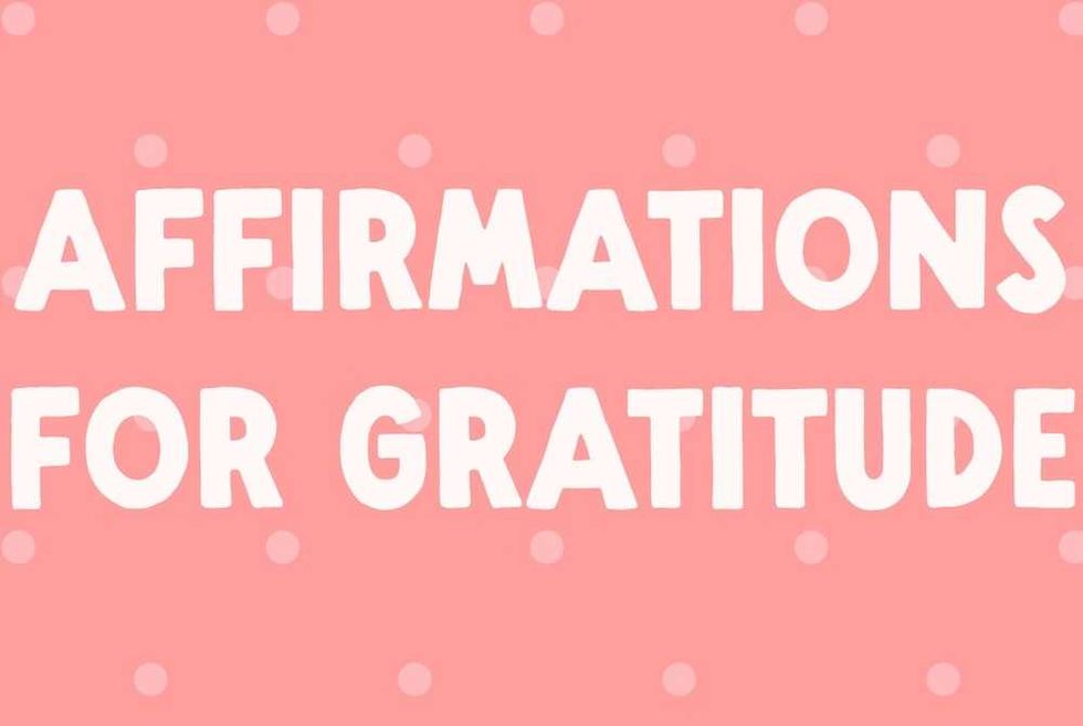"Affirmations for Gratitude" in bold white text on a pink polka dot background.