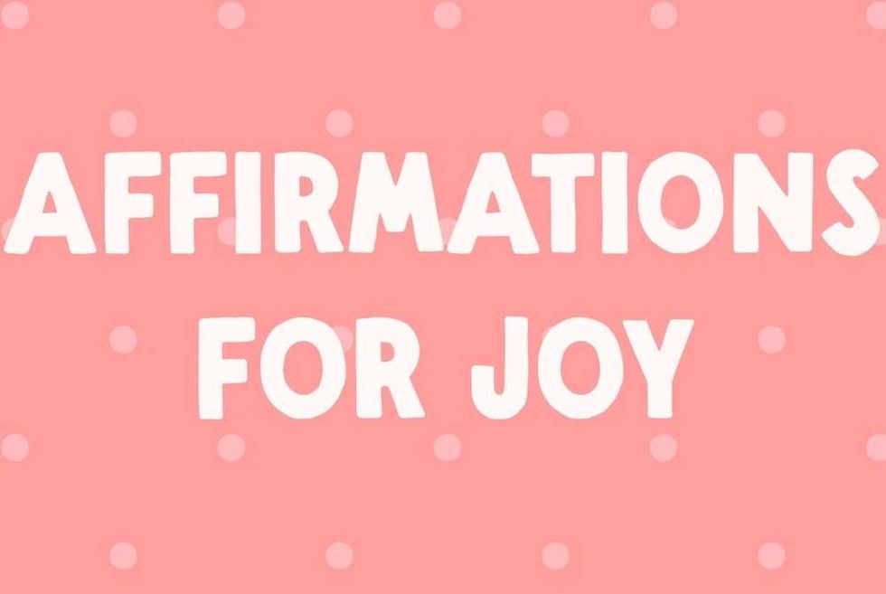 "Affirmations for Joy" in white text on a pink polka dot background.