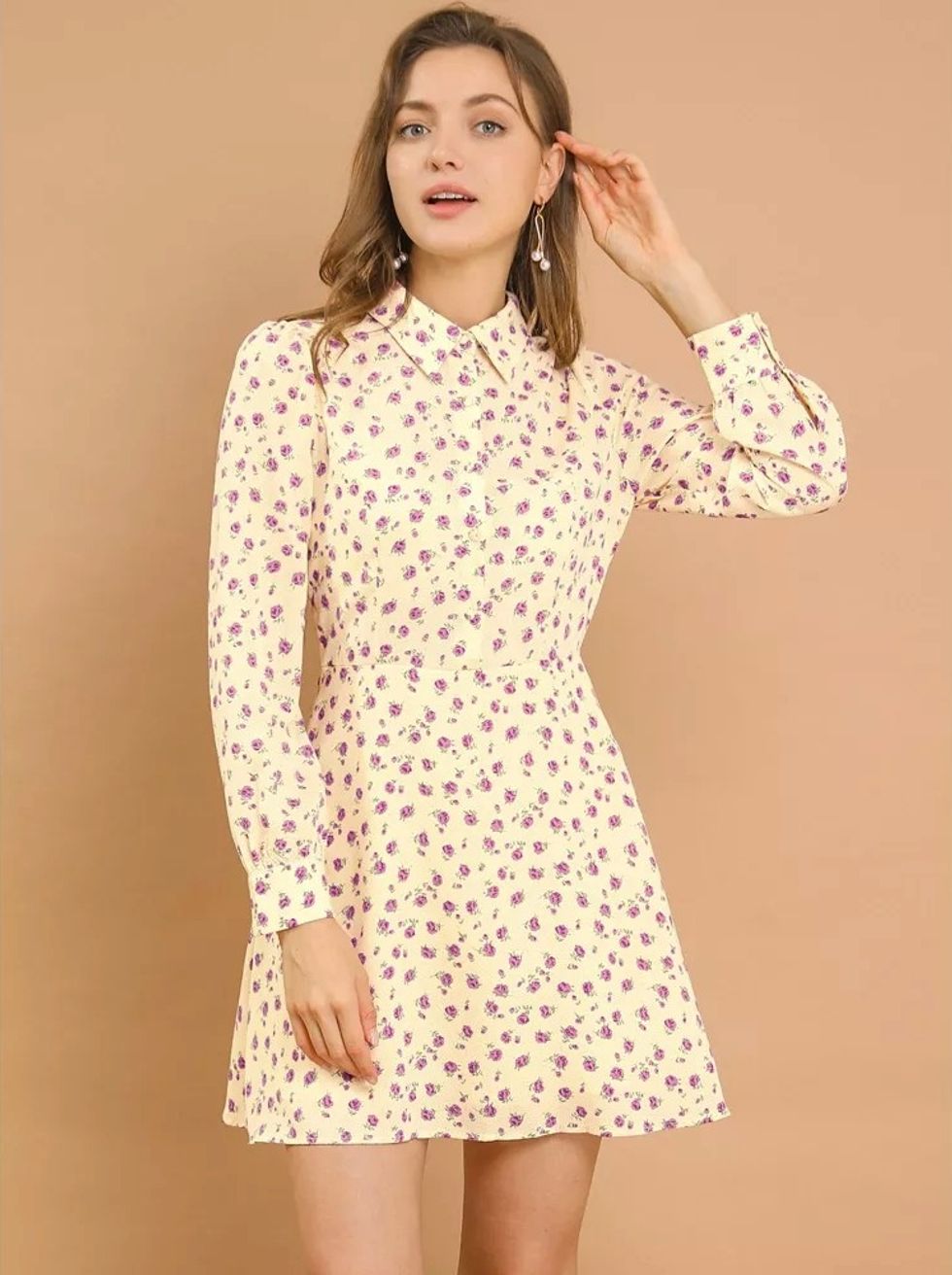Allegra K Women's Dots Print Half Placket Puff Long Sleeve Floral Shirt Dress