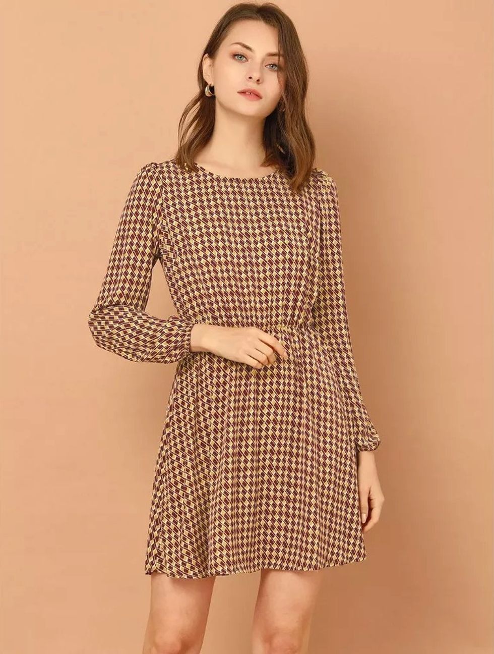 Allegra K Women's Swing Plaid Printed Long Sleeve Dress