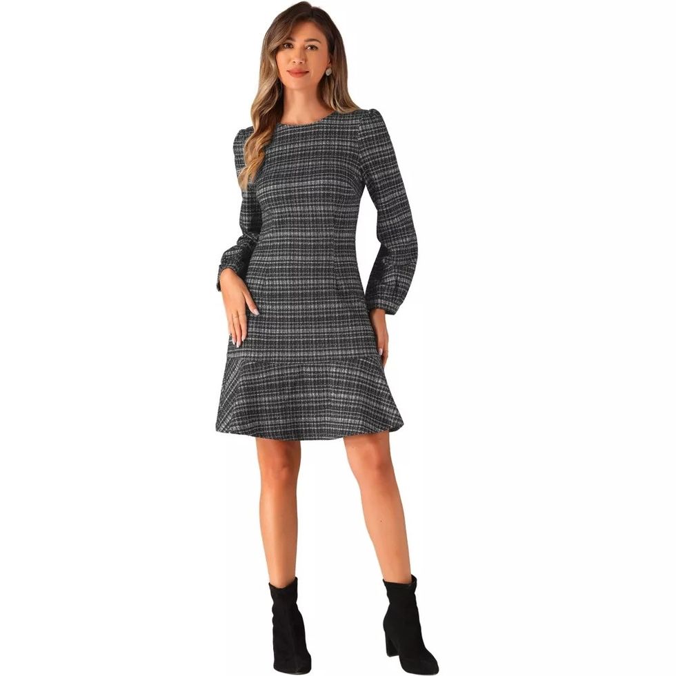 Allegra K Women's Tweed Vintage Casual Puff Sleeves Ruffle Hem Dress