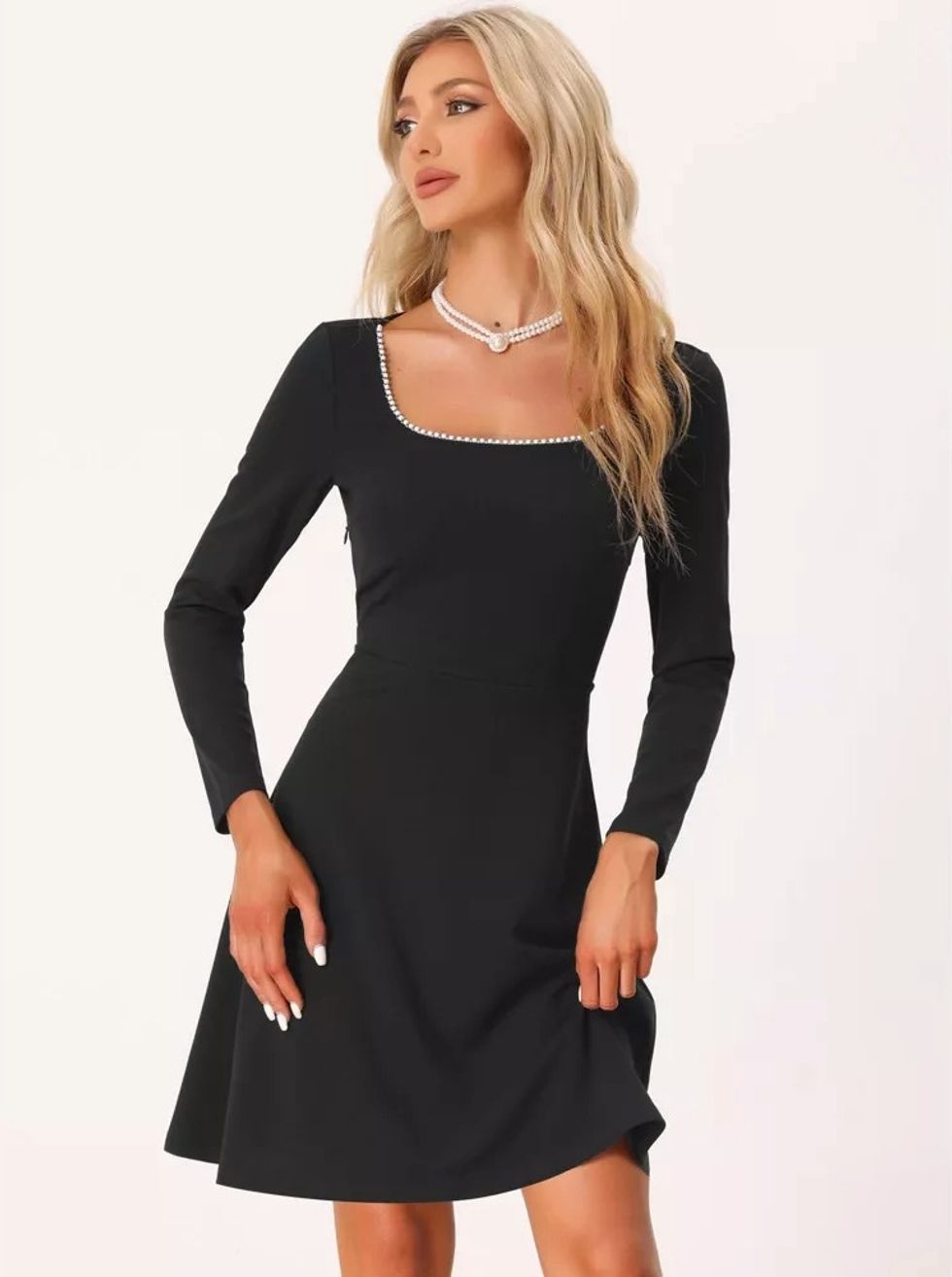 Allegra K Women's Vintage Long Sleeve Square Neck High Waist A-Line Dress