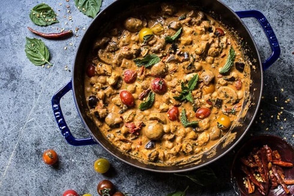almond chicken, chickpea and eggplant curry