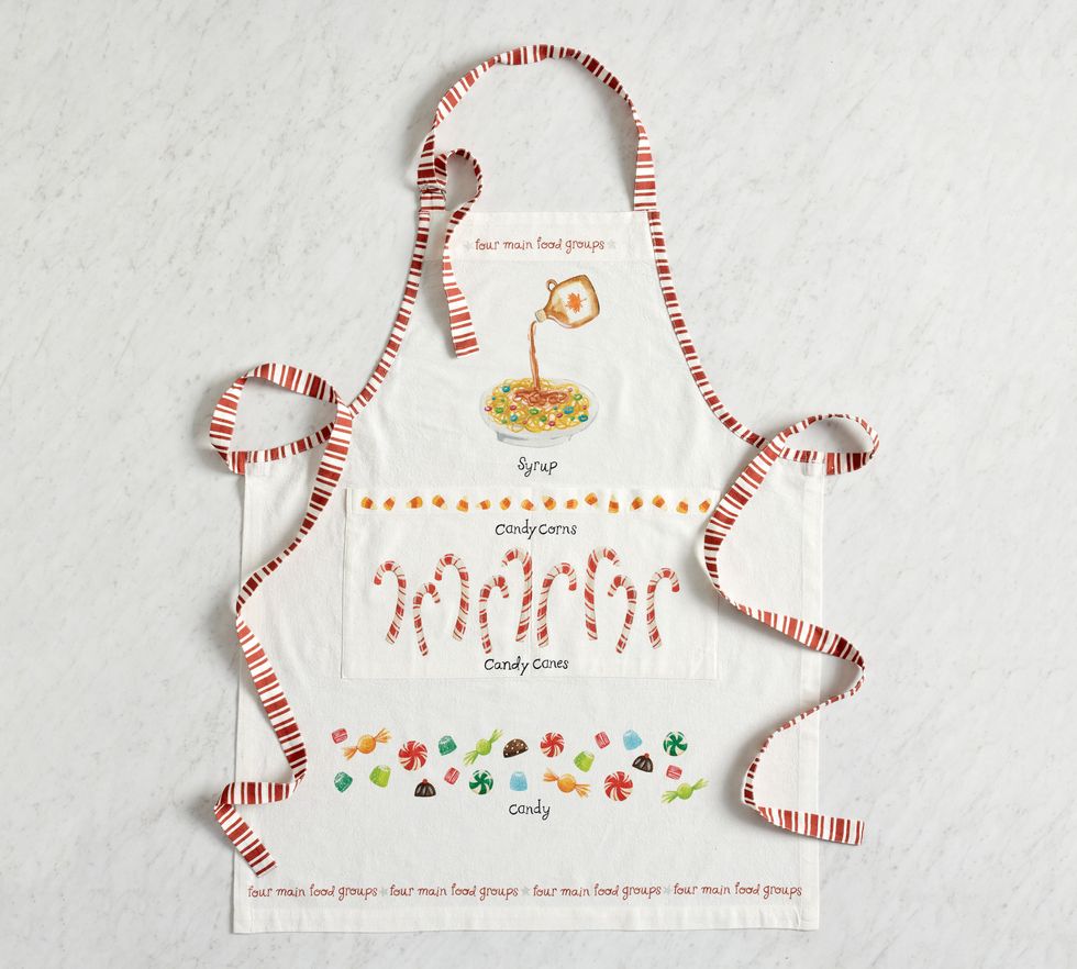 An Elf apron is on a white surface.
