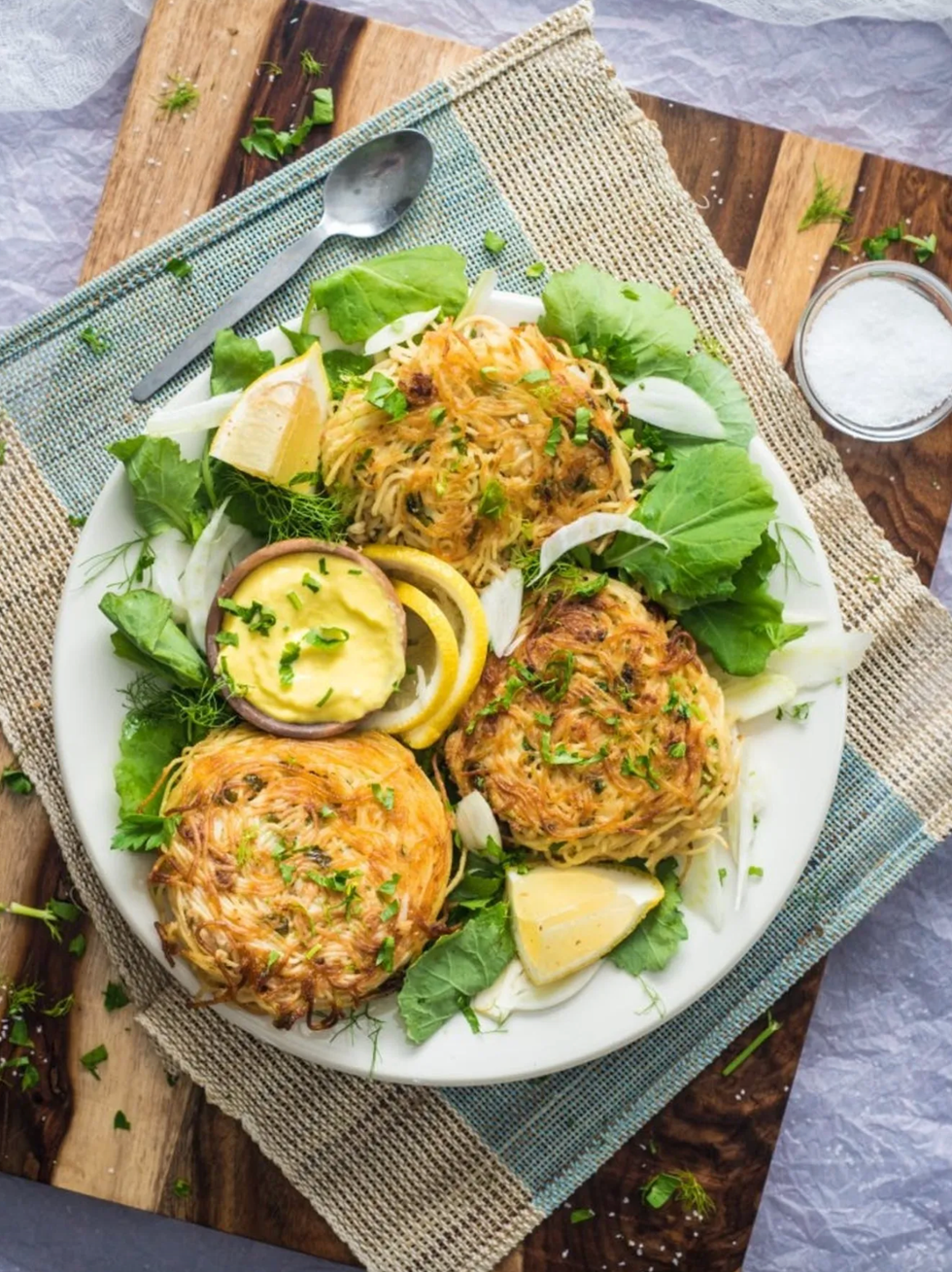 Angel Hair Crab Cakes With Saffron Aioli plated