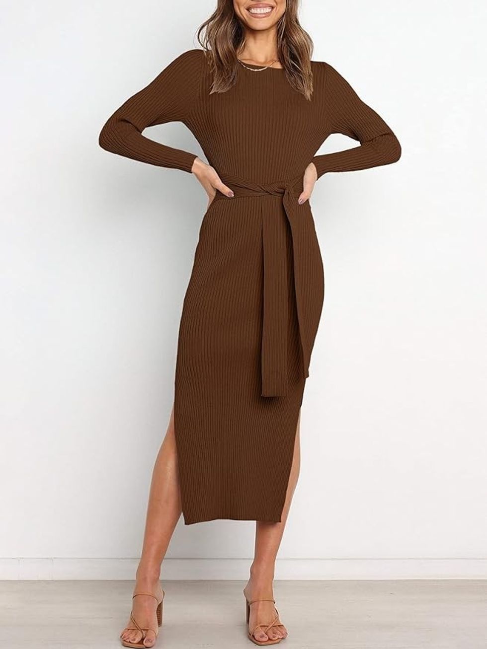 Anrabess Long Sleeve Tie Waist Sweater Dress