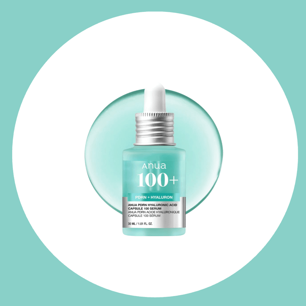 Anua PDRN + Hyaluron serum bottle on blue background.