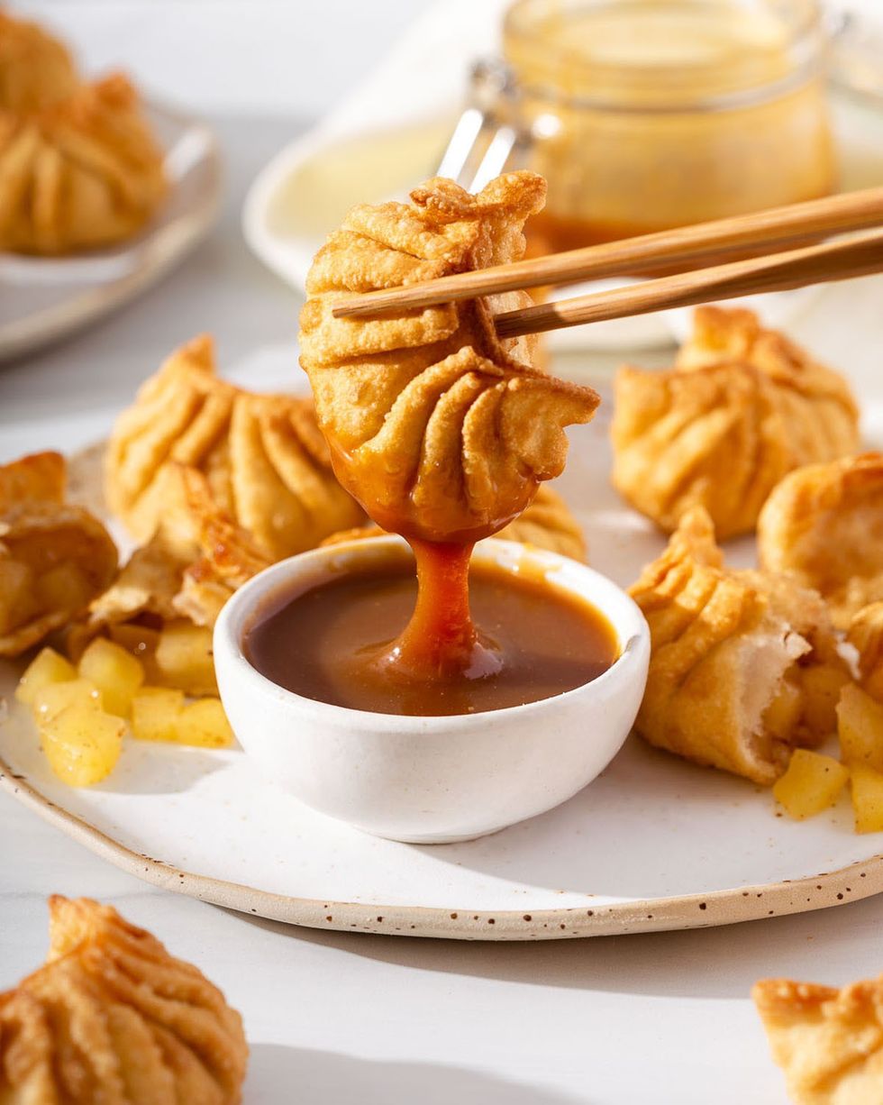 apple dumplings with miso caramel sauce