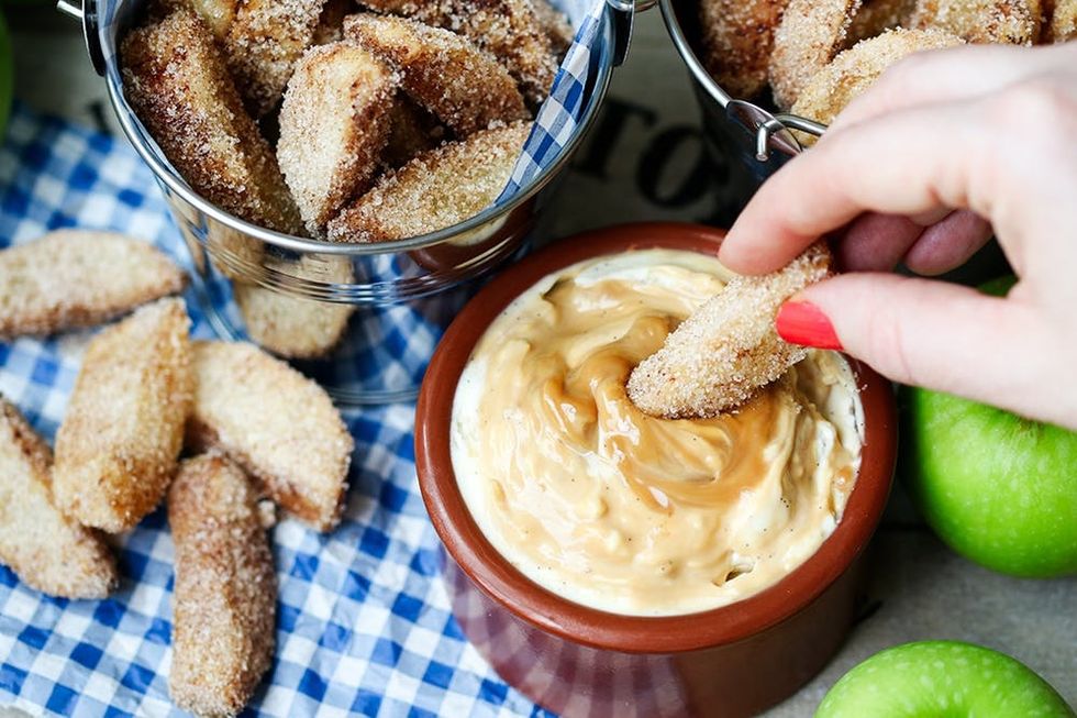 Apple fries with creamy caramel cheesecake dip. A sharing dish you'll probably want to keep to yourself.