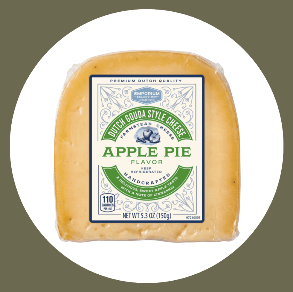Apple pie flavor Dutch Gouda cheese in a clear package, 5.3 oz, on a white background.
