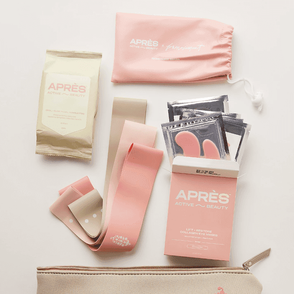 Apr\u00e8s beauty kit with wipes, resistance bands, eye masks, and pink pouch.