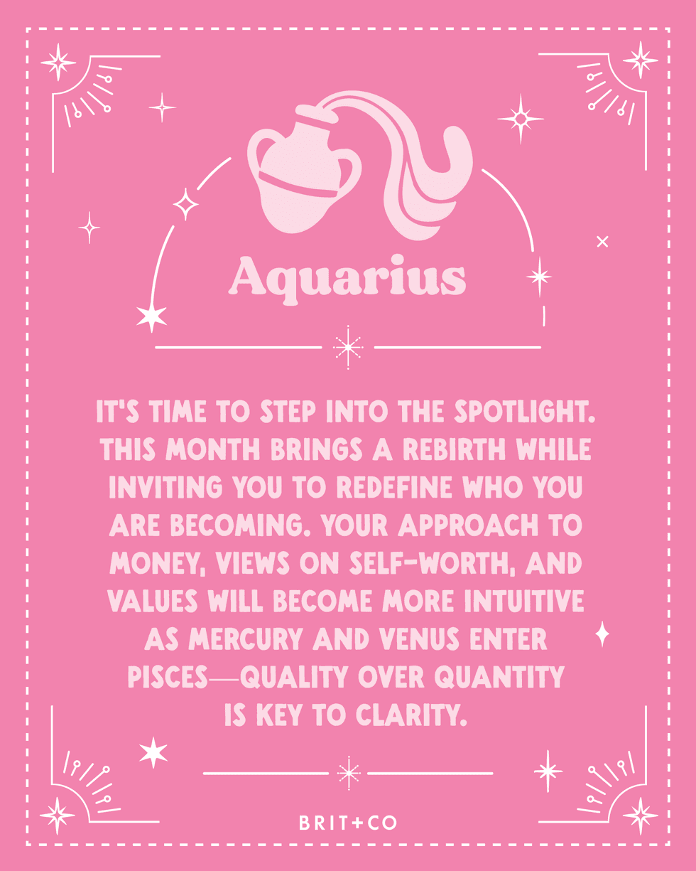 Aquarius horoscope on pink background with flowing jug and stars illustration.