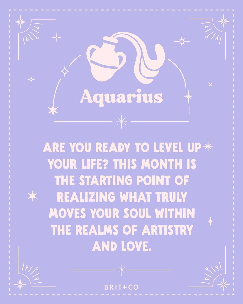 Aquarius horoscope with jug symbol; text about leveling up life, artistry, and love.