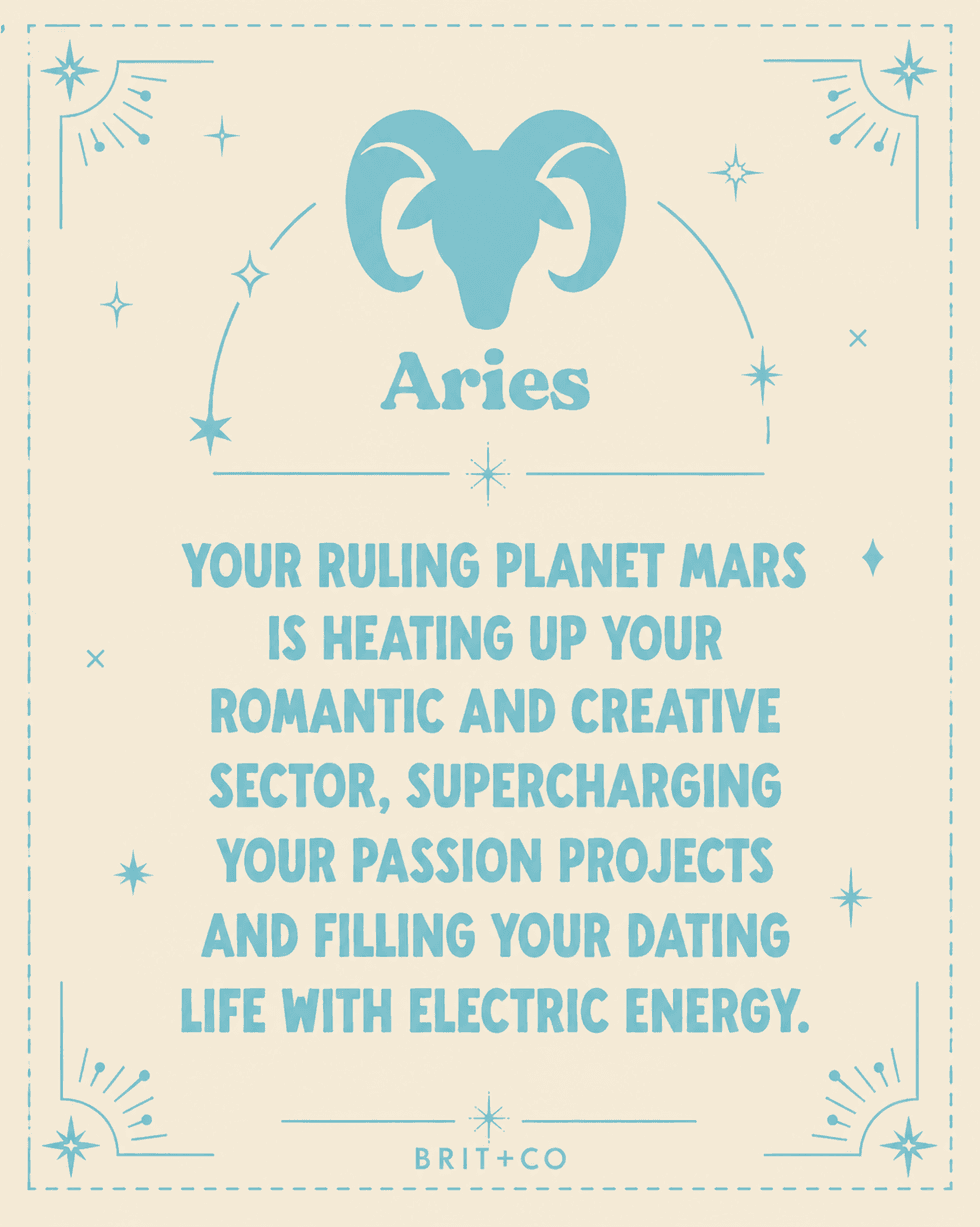 Aries horoscope with ram symbol and motivational text on romance and creativity.