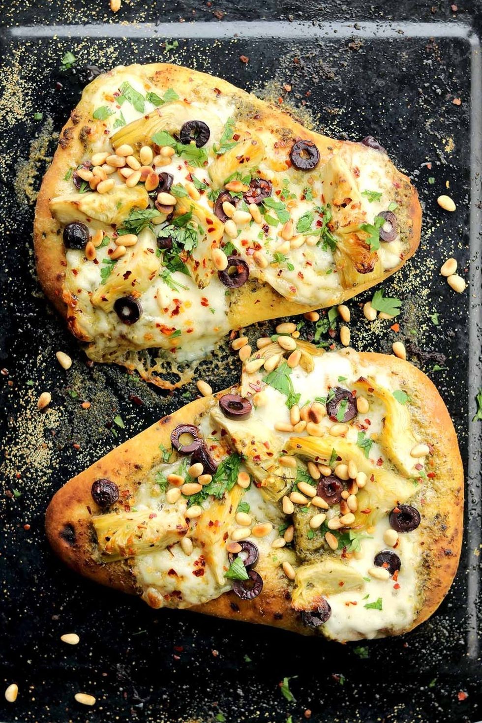 Artichoke Olive Naan Pizza