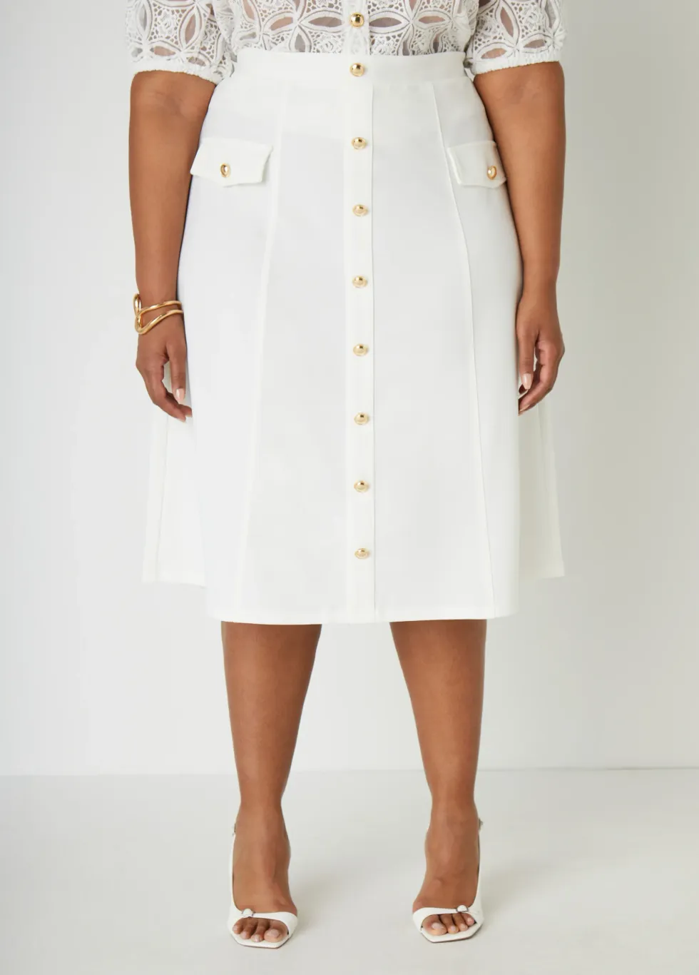 Ashley Stewart Button Embellished Midi Skirt