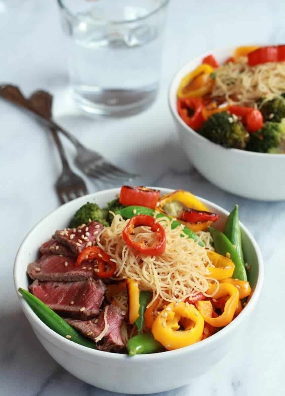Asian Veggie Noodle Bowl with Grilled Steak