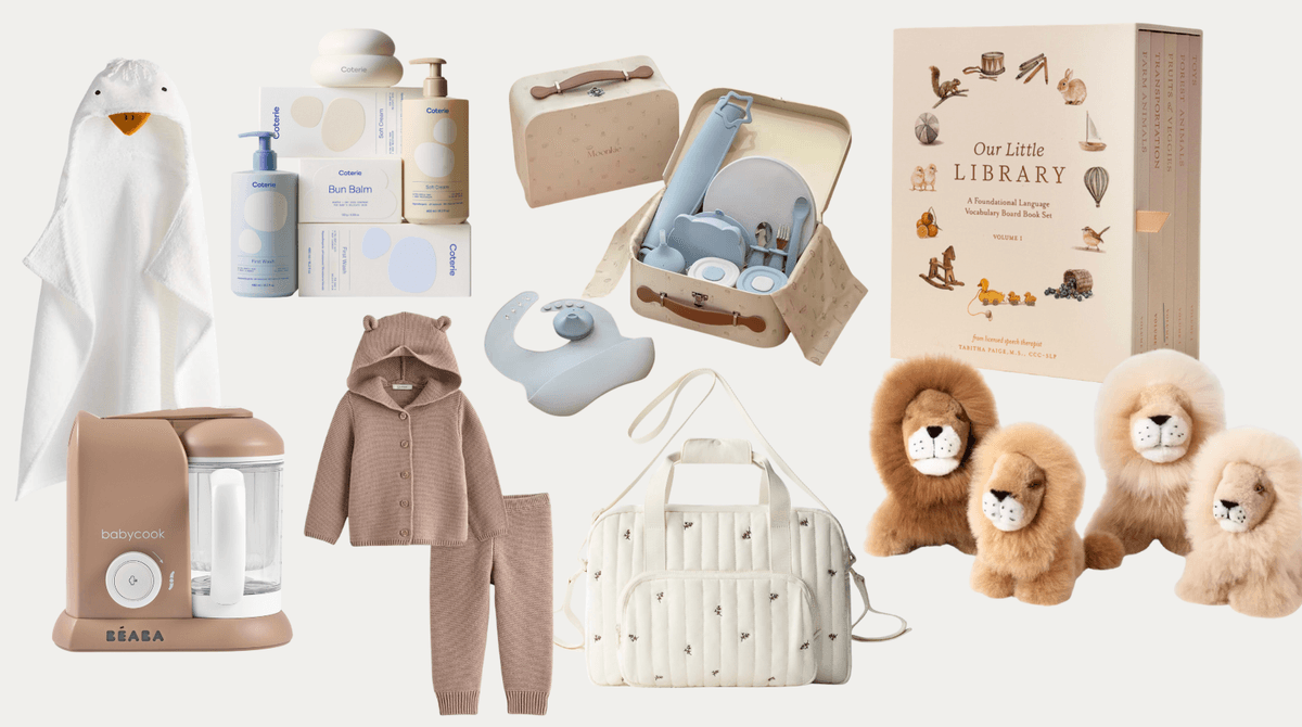 Assorted baby products: towel, skincare, clothing, toys, and a book set.