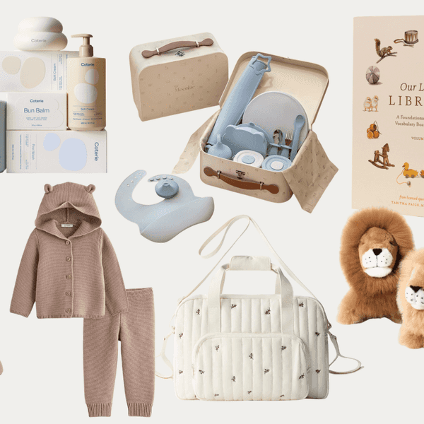 Assorted baby products: towel, skincare, clothing, toys, and a book set.