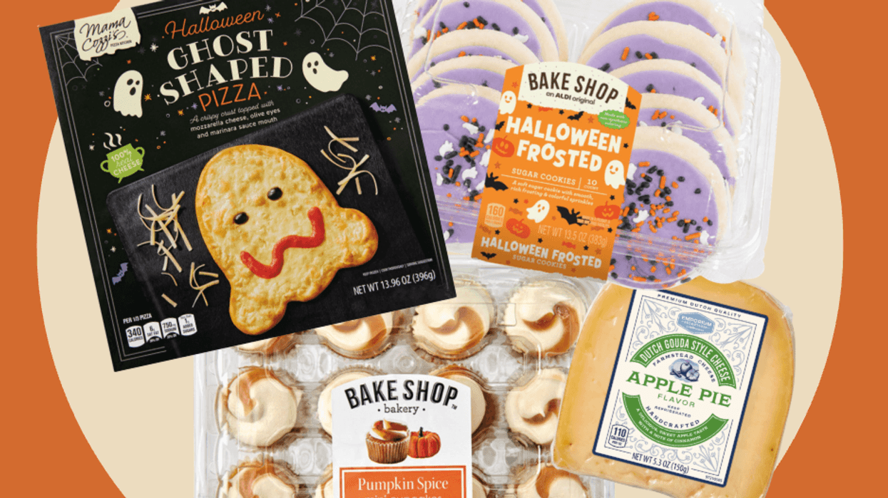 Assorted Halloween-themed treats including ghost pizza, cookies, cupcakes, and apple pie cheese.