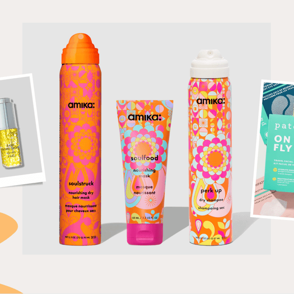 Assorted skincare and haircare products on a colorful, abstract background.