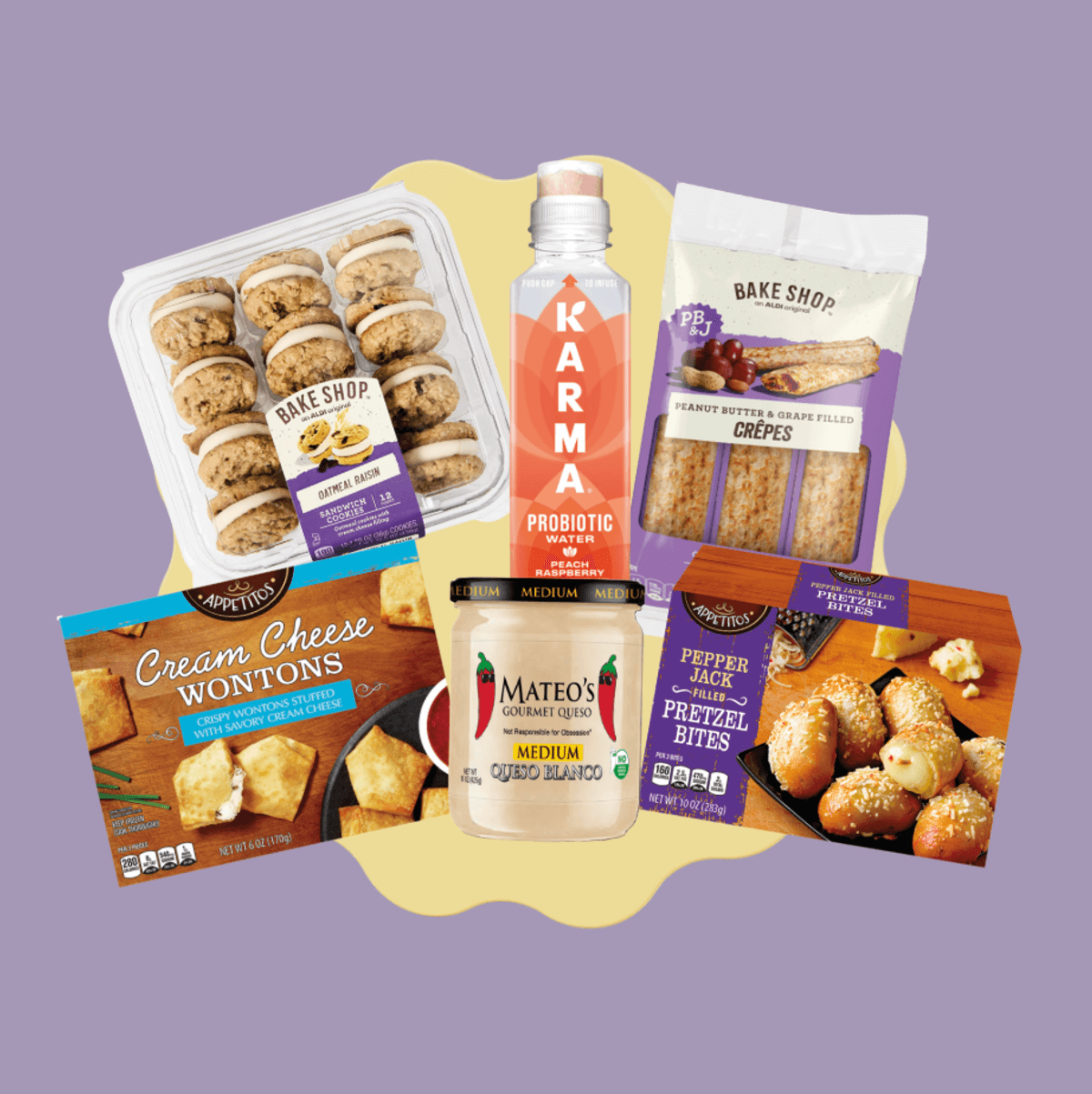 Assorted snack products including cookies, crepes, wontons, probiotic drink, and pretzel bites.