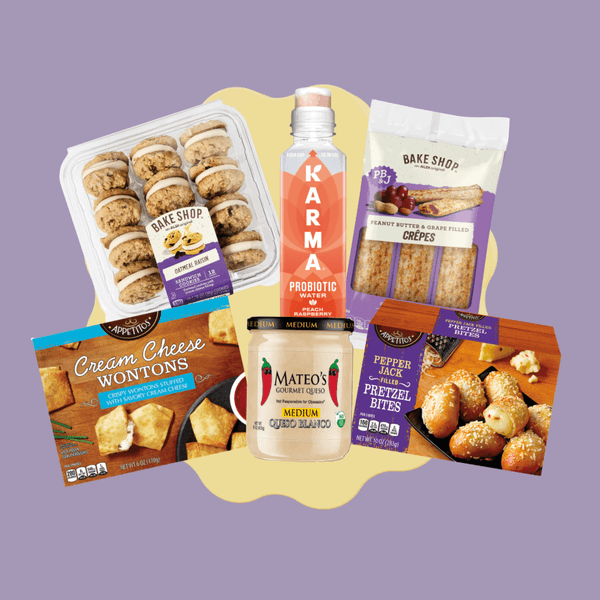 Assorted snacks and drinks including cookies, crepes, pretzel bites, and probiotic water.