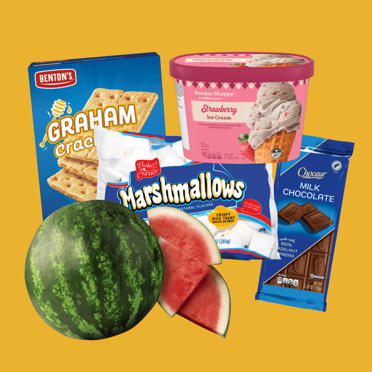 Assorted snacks with graham crackers, marshmallows, watermelon, ice cream, and chocolate.