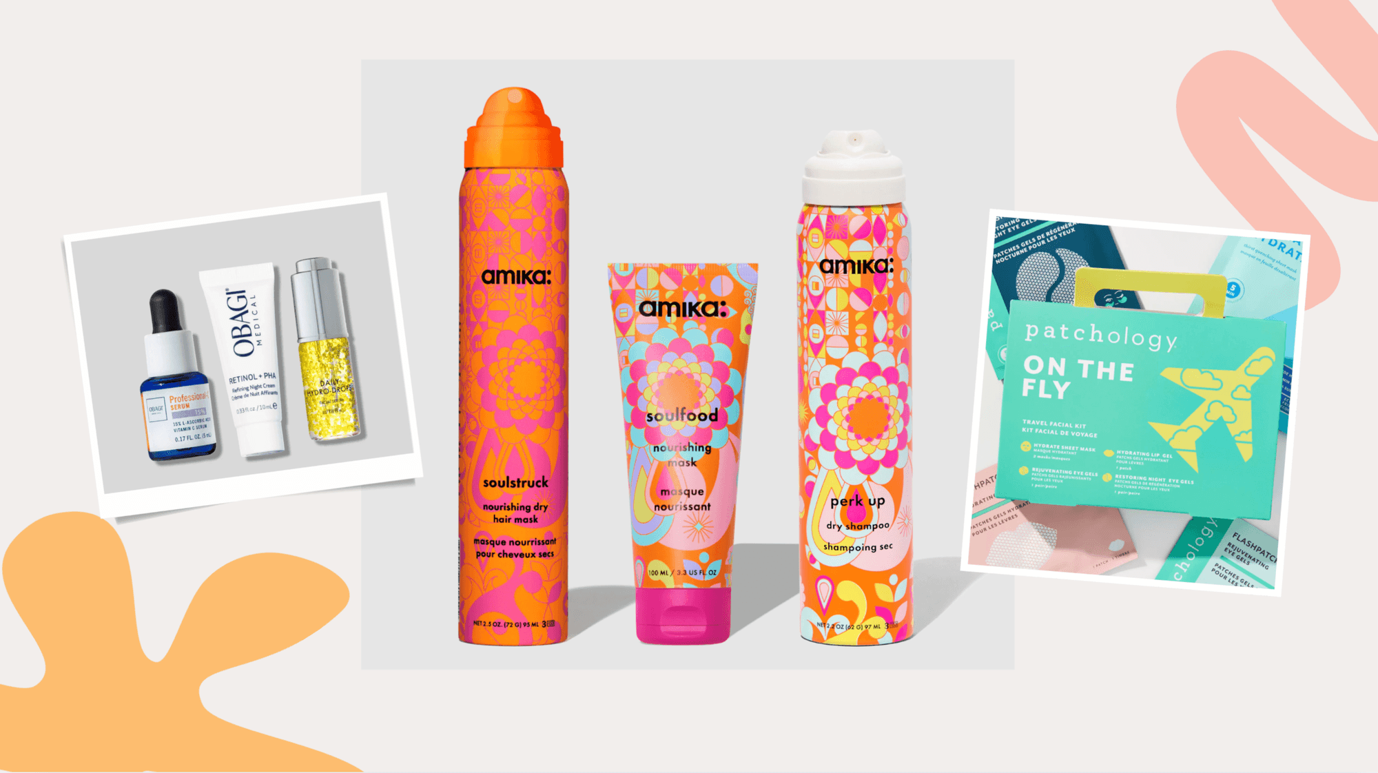 Assorted travel size skincare and haircare products on a colorful, abstract background.