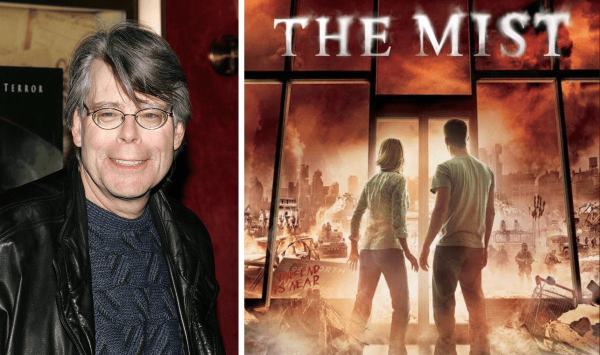 Author with glasses, sweater, and leather jacket beside "The Mist" movie poster.