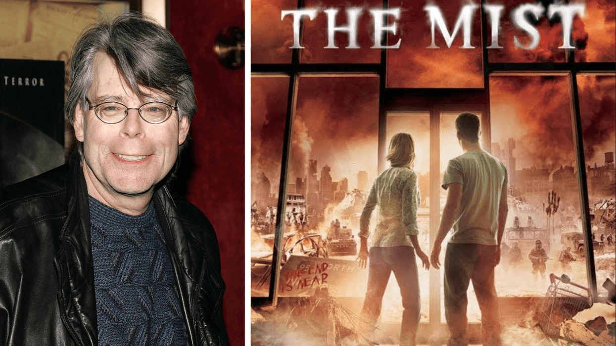 Author with glasses, sweater, and leather jacket beside "The Mist" movie poster.