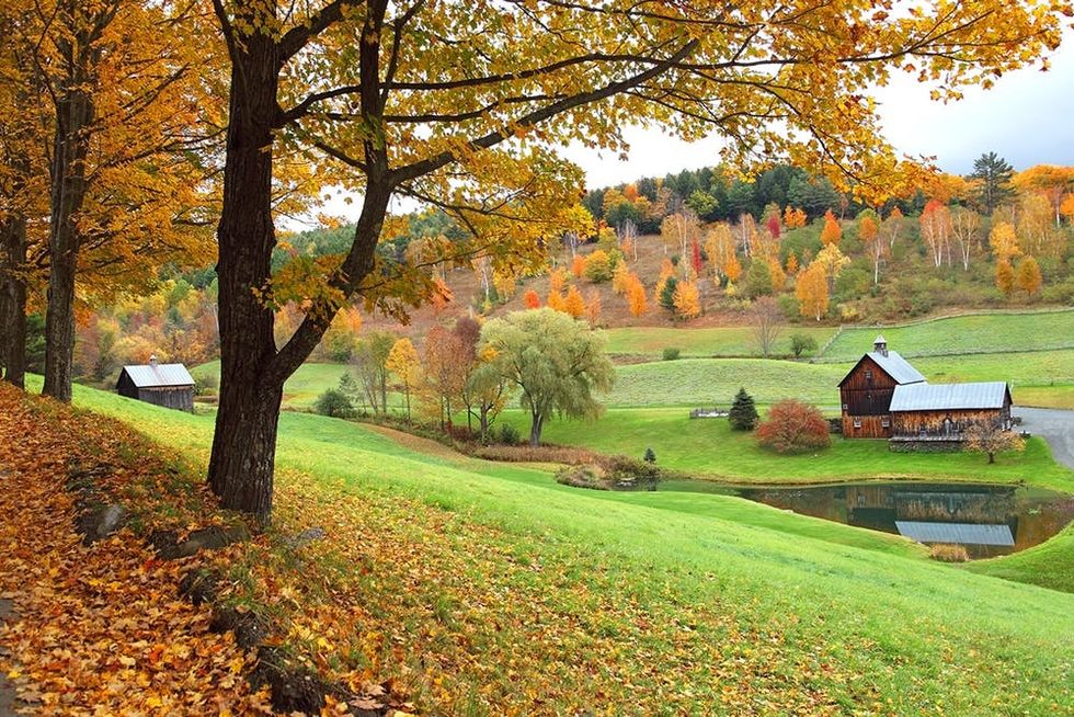 Autumn scenery near the small village of Woodstock, Vermont. Photo taken along a rural country road in Vermont during the peak autumn foliage season. Vermont's beautiful fall foliage ranks with the best in New England bringing out some of the most colorful foliage in the United States