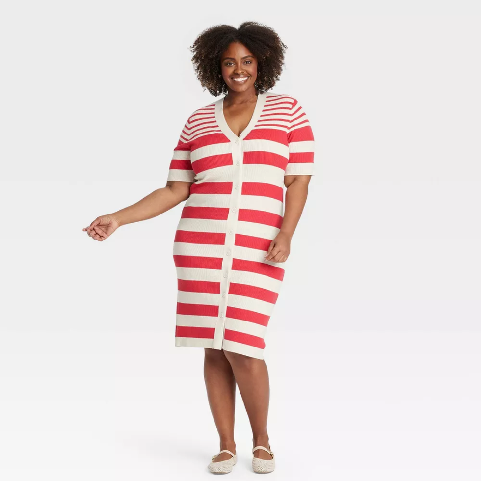 Ava & Viv Short Sleeve Button-Front Midi Sweater Dress