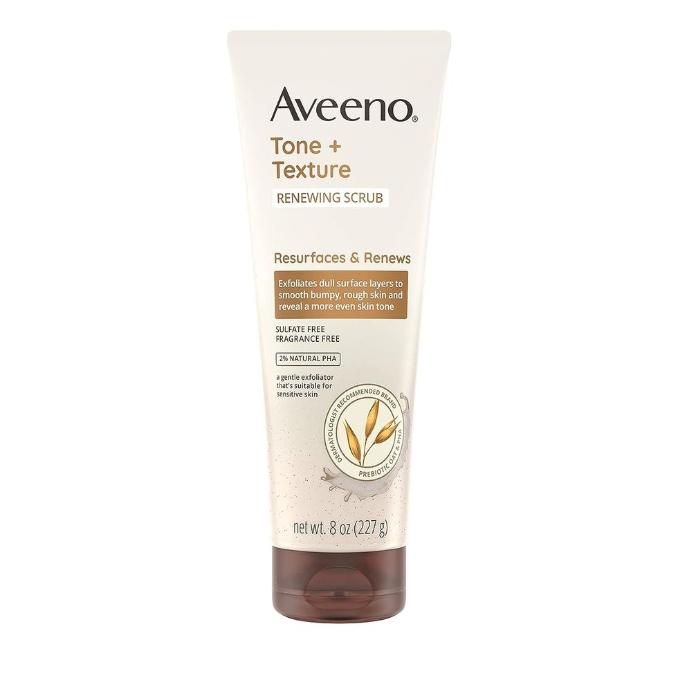 Aveeno Tone + Texture Renewing Body Scrub, Exfoliating Body Wash to Reveal Smoother Skin and a More Even Skin Tone, Prebiotic Oat Formula for Sensitive Skin, Fragrance-Free, 8 oz