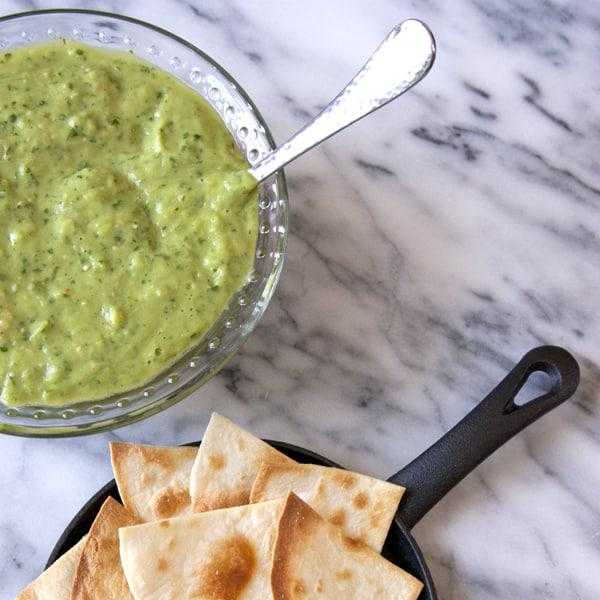 Avocado and Tomatillo Green Chile Salsa and Baked Flour Tortilla Chips