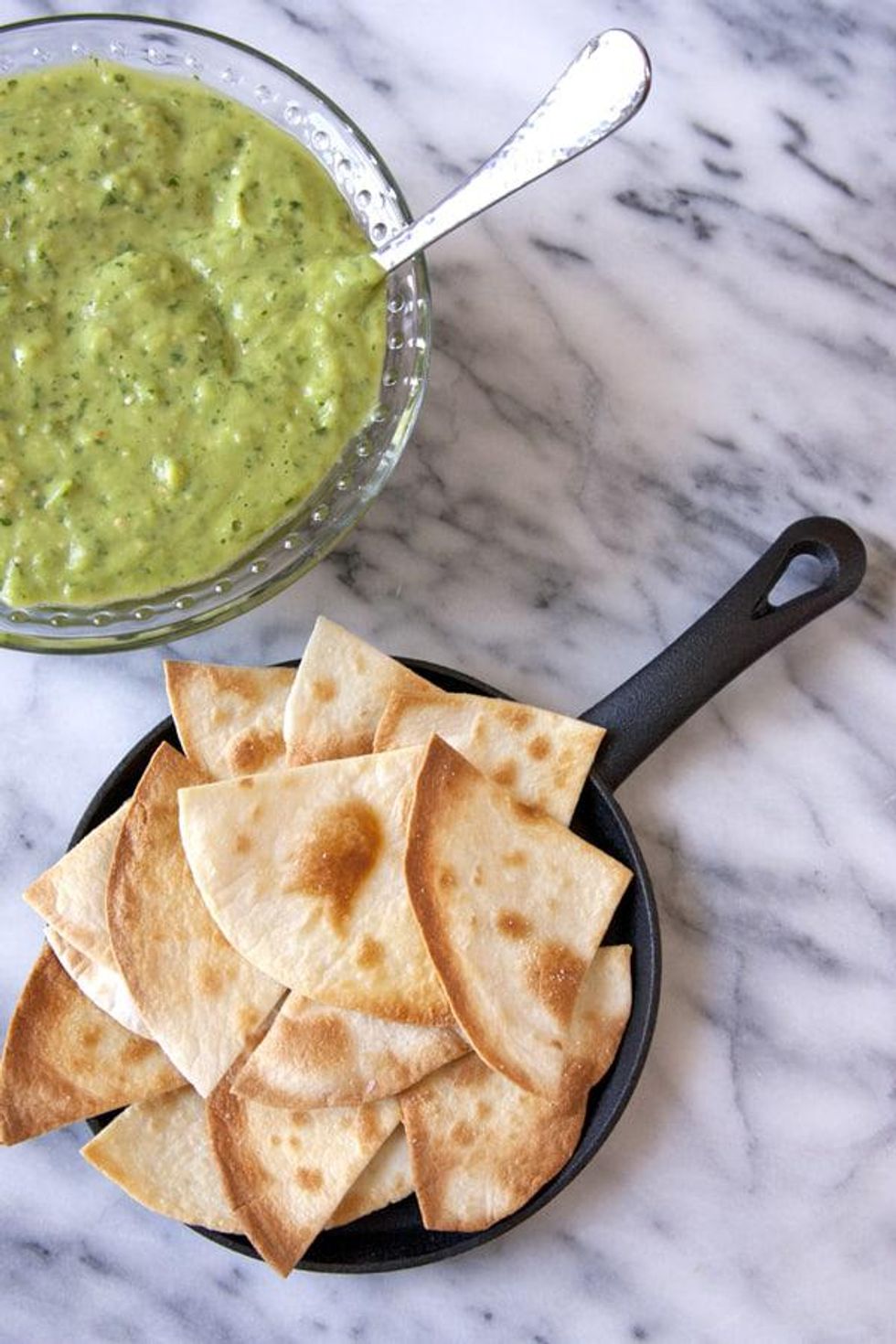 Avocado and Tomatillo Green Chile Salsa and Baked Flour Tortilla Chips