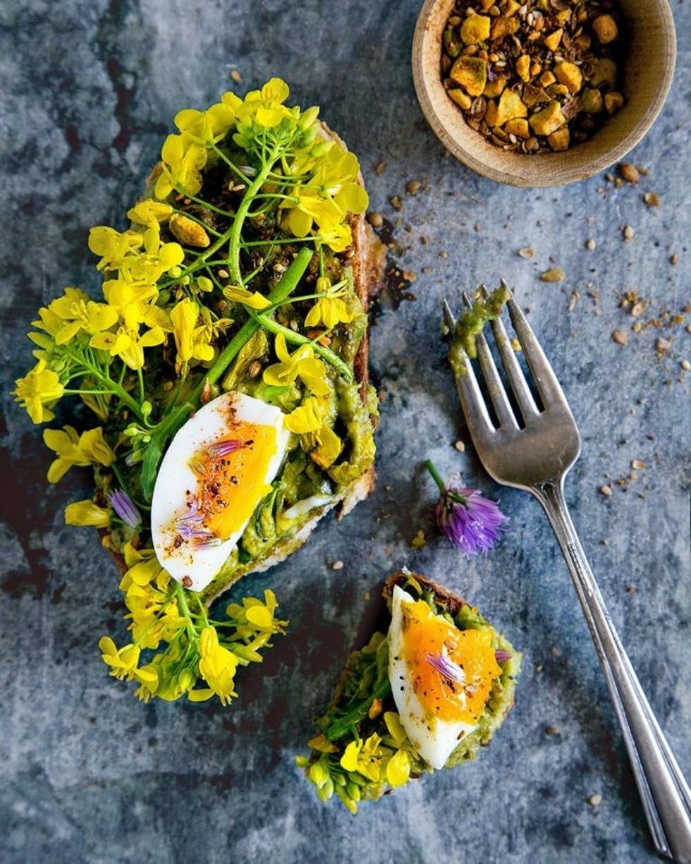 Avocado Toast With Dukkah, Spring Flowers, and Soft Boiled Eggs Brunch Recipes