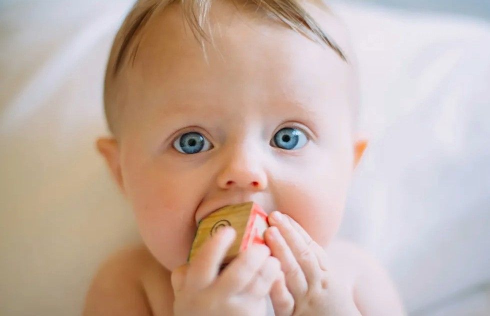 baby chewing on a toy
