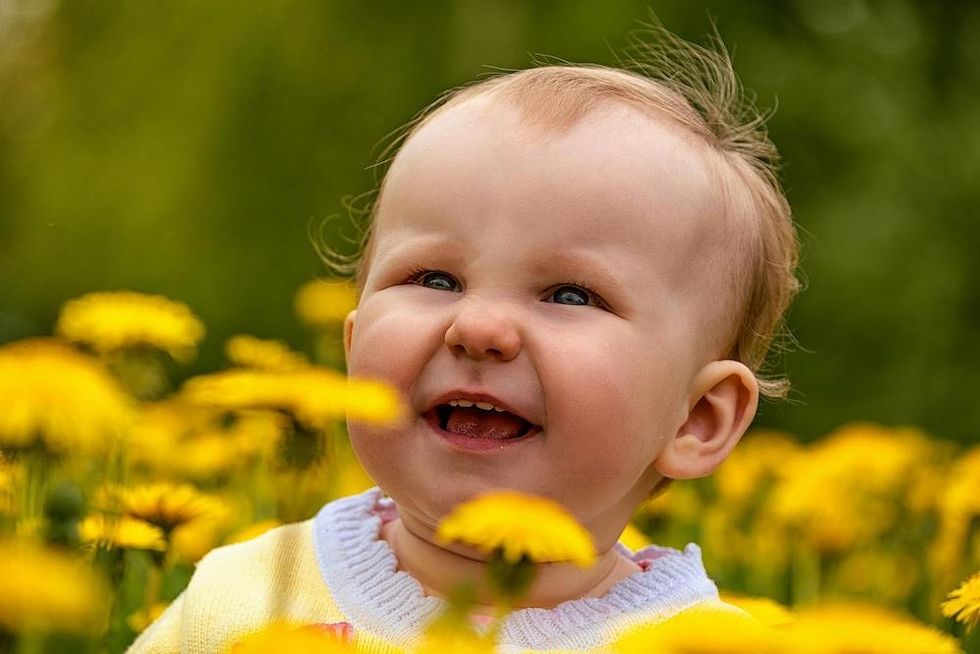 baby sitting in yellow flowers