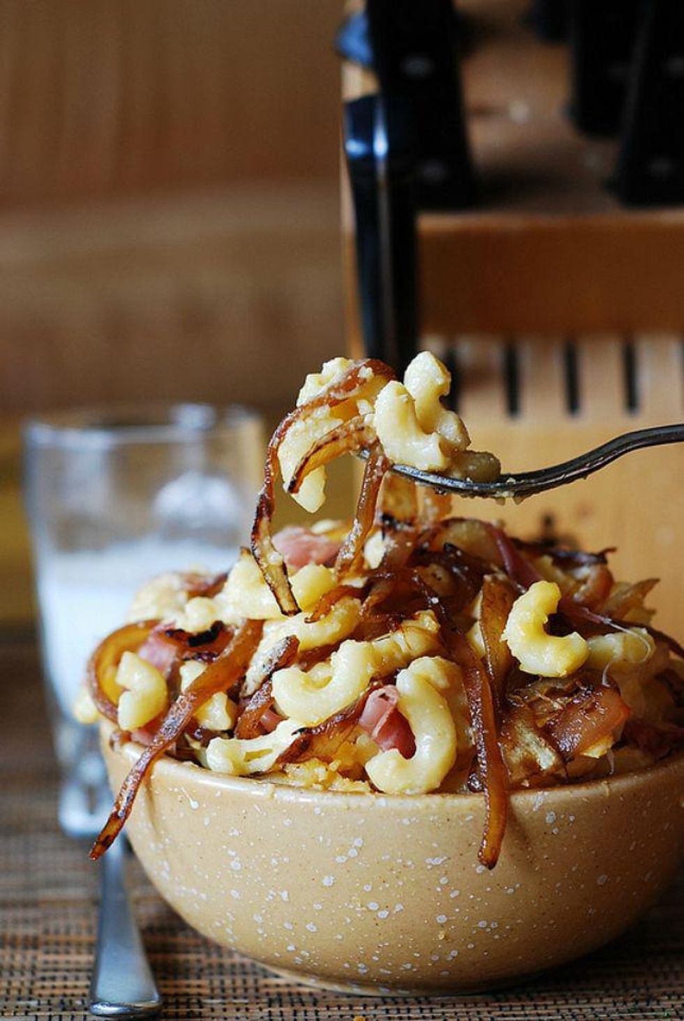 Bacon and Caramelized Onions mac n cheese in a yellow bowl