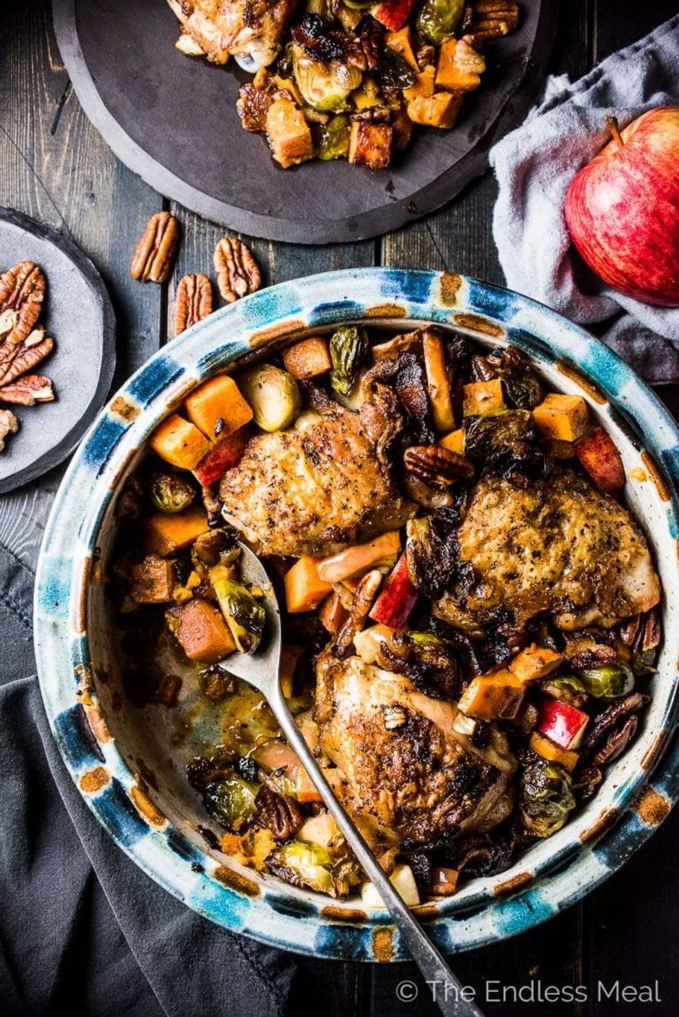 Bacon Apple Chicken with Sweet Potatoes and Brussels