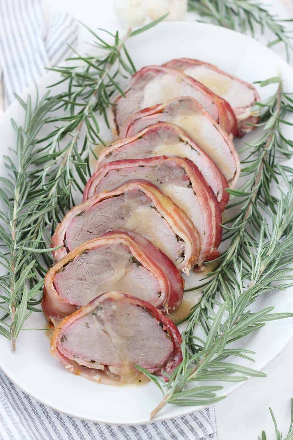 Bacon Wrapped Pork Loin with Apple Cider Gravy