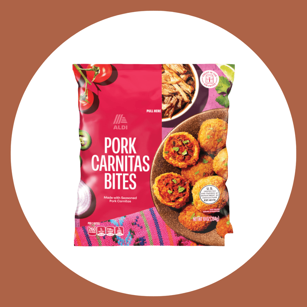 Bag of Aldi Pork Carnitas Bites with vibrant packaging and food imagery.