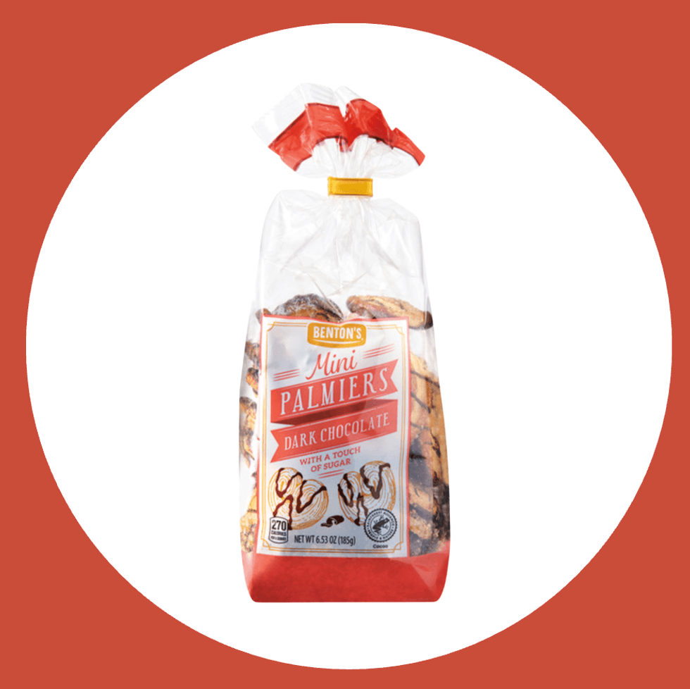 Bag of Benton's Mini Palmiers with dark chocolate and sugar.
